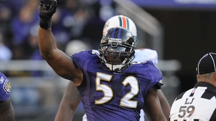 Baltimore Ravens linebacker Ray Lewis (52) reacts after a tackle against the Miami Dolphins during the second half at M&T Bank Stadium during a 2010 game.