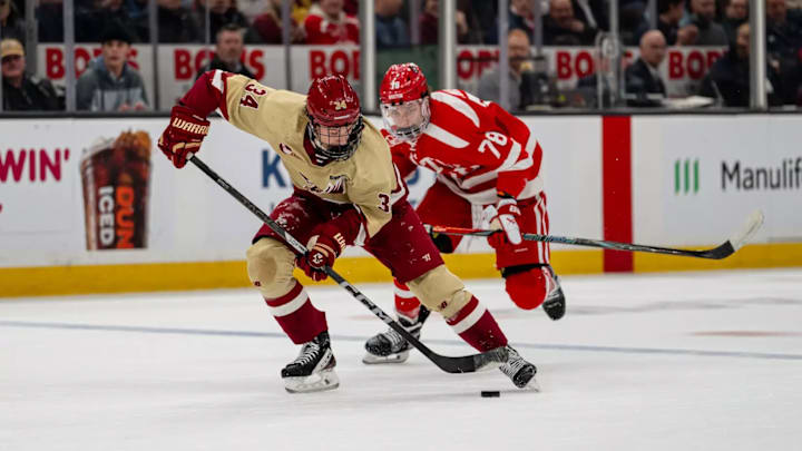 BC sophomore forward, Gabe Perrault, was the Eagles' lone scorer on Monday in their loss against the BU Terriers in the Beanpot final from TD Garden in Boston, MA. Mandatory Credit: Meg Kelly / BC Athletics