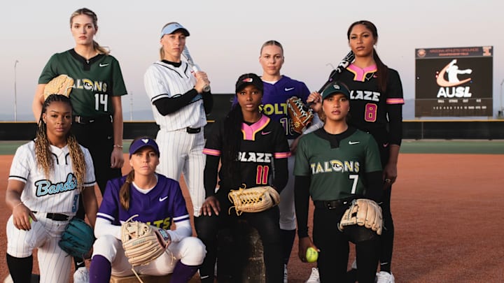 Athletes Unlimited Softball League (AUSL) begins their inaugural season on June 7 with the partnership and support of Major League Baseball. In the picture, from left to right: Montana Fouts, Odicci Alexander, Sis Bates, Skylar Wallace, Amanda Lorenz, Aliyah Andrews, Maya Brady, and Aleshia Ocasio.