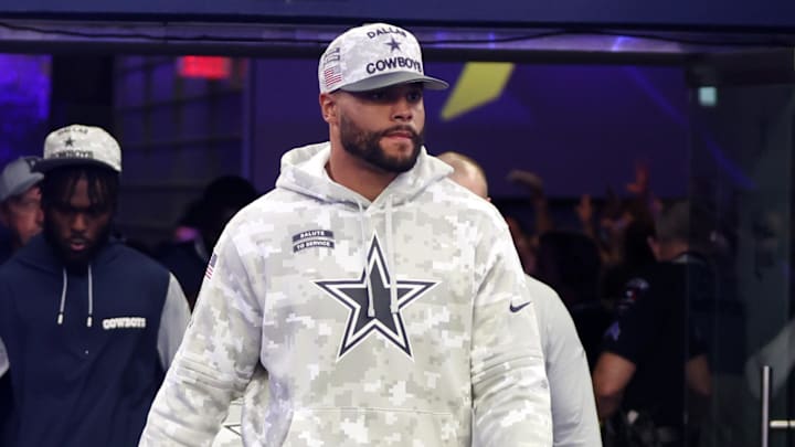 Nov 10, 2024; Arlington, Texas, USA; Dallas Cowboys quarterback Dak Prescott (4) walks on to the field before the game against the Philadelphia Eagles at AT&T Stadium. Mandatory Credit: Tim Heitman-Imagn Images