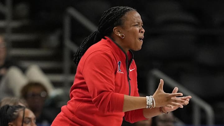 Mar 7, 2026; Greenville, SC, USA; Mississippi Rebels head coach Yolett McPhee-McCuin reacts to a playduring the second half against the Texas Longhorns at Bon Secours Wellness Arena. Mandatory Credit: Jim Dedmon-Imagn Images