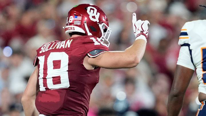Oklahoma's Cole Sullivan (18) celebrates a sack in first half of the college football game between the University of Oklahoma Sooners and the UTEP Miners at the Gaylord Family - Oklahoma Memorial Stadium in Norman, Okla., Sept. 4, 2026. Oklahoma's Cole Sullivan (18) celebrates a sack in first half of the college football game between the University of Oklahoma Sooners and the UTEP Miners at the Gaylord Family - Oklahoma Memorial Stadium in Norman, Okla., Sept. 4, 2026.