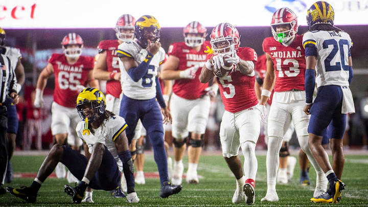 Indiana's Ke'Shawn Williams (5) celebrates a first down during the Indiana versus Michigan football game at Memorial Stadium on Friday, Nov. 9, 2024.