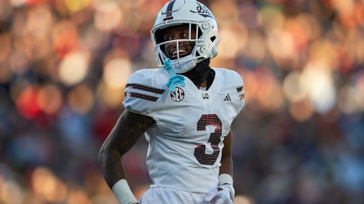 Mississippi State's wide receiver Kevin Coleman Jr. (3) smiles after scoring a touchdown during the Egg Bowl game against Mississippi at Vaught-Hemingway Stadium on Friday, Nov. 29, 2024.