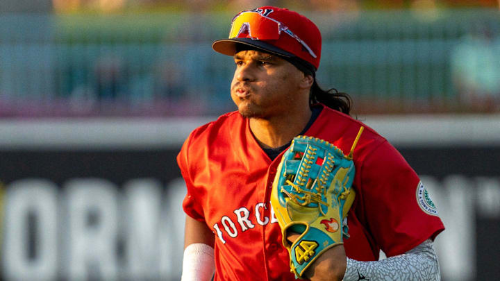 Worcester center fielder Jhostynxon Garcia runs off the field at Polar Park July 29.