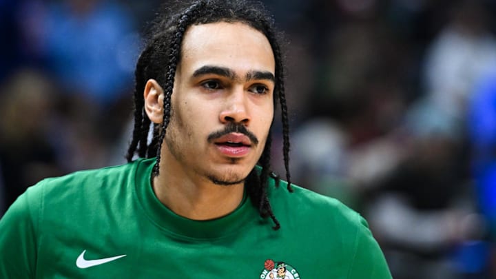 Dec 23, 2023; Los Angeles, California, USA; Boston Celtics guard Dalano Banton (45) before the game against the Los Angeles Clippers during warmups at Crypto.com Arena. Mandatory Credit: Jonathan Hui-Imagn Images