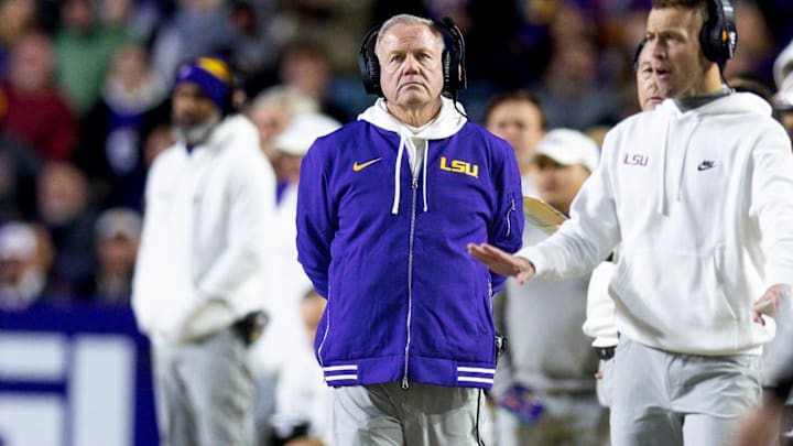 Nov 30, 2024; Baton Rouge, Louisiana, USA;  LSU Tigers head coach Brian Kelly looks on against the Oklahoma Sooners during the second quarter at Tiger Stadium. Mandatory Credit: Stephen Lew-Imagn Images