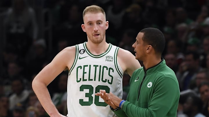 Nov 9, 2022; Boston, Massachusetts, USA; Boston Celtics forward Sam Hauser (30) talks with head