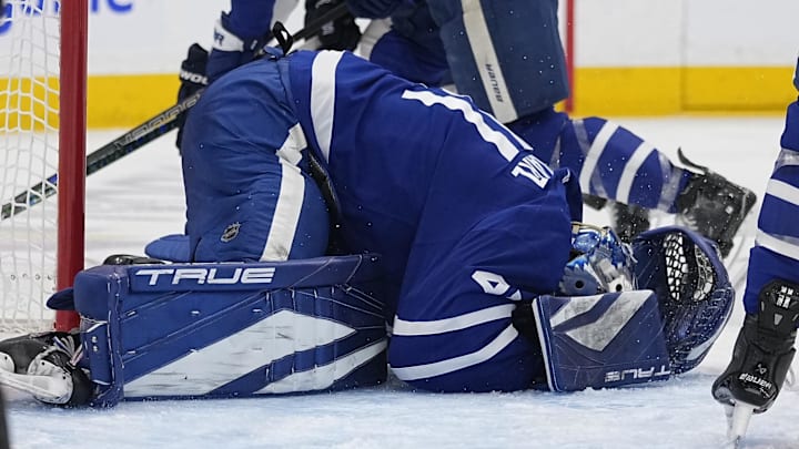 May 5, 2025; Toronto, Ontario, CAN; Toronto Maple Leafs goaltender Anthony Stolarz (41) grabs his head after a collission with Florida Panthers forward Sam Bennett (not pictured) during the second period in game one of the second round of the 2025 Stanley Cup Playoffs at Scotiabank Arena. Mandatory Credit: John E. Sokolowski-Imagn Images