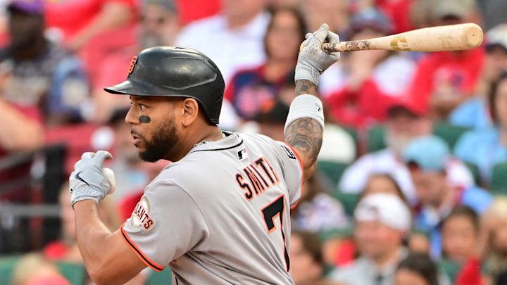Sep 6, 2025; St. Louis, Missouri, USA; San Francisco Giants first baseman Dominic Smith (7) bats against the St. Louis Cardinals at Busch Stadium. Mandatory Credit: Tim Vizer-Imagn Images