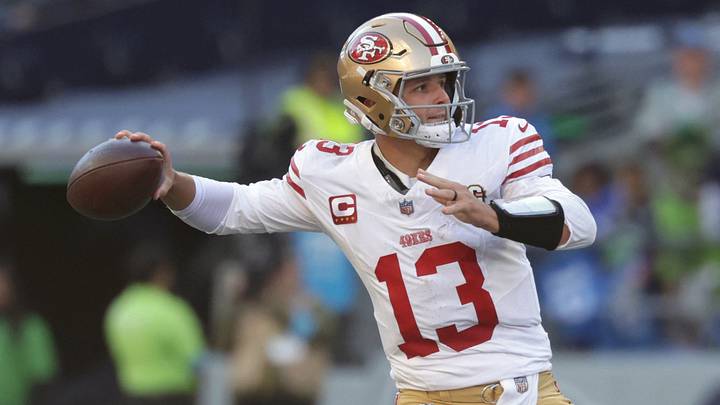 Oct 11, 2026; Seattle, Washington, USA;  San Francisco 49ers quarterback Brock Purdy (13) drops back to pass against the Seattle Seahawks during the first half at Lumen Field.  Mandatory Credit: Joe Nicholson-Imagn Images