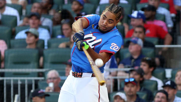 Jul 14, 2025; Atlanta, GA, USA; Washington Nationals outfielder James Wood (29) during the 2025 Home Run Derby at Truist Park. Jul 14, 2025; Atlanta, GA, USA; Washington Nationals outfielder James Wood (29) during the 2025 Home Run Derby at Truist Park.