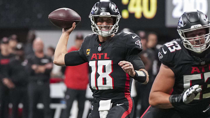 Quarterback Kirk Cousins threw his first touchdown as an Atlanta Falcon to tight end Kyle Pitts on Sunday. Quarterback Kirk Cousins threw his first touchdown as an Atlanta Falcon to tight end Kyle Pitts on Sunday.