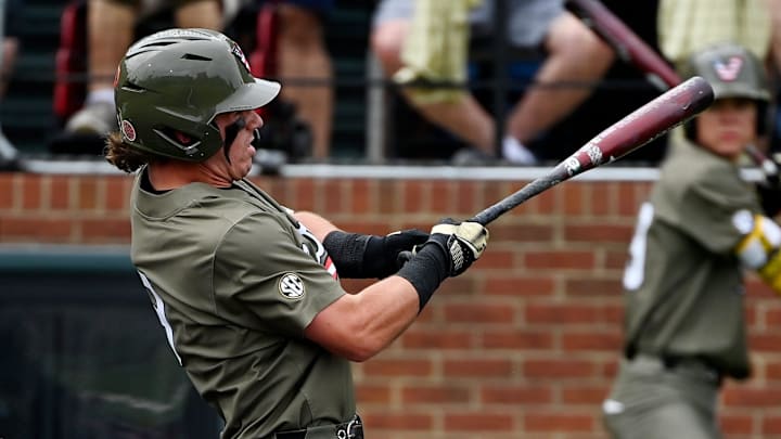 Vanderbilt's Brodie Johnston (9) fouls a pitch off his left foot against Georgia during the first inning of an NCAA college baseball game at Hawkins Field Saturday, April 19, 2025, in Nashville, Tenn.