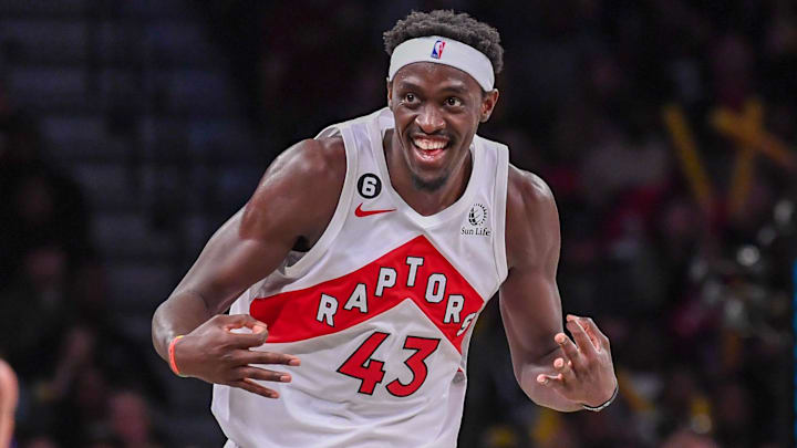 Oct 21, 2022; Brooklyn, New York, USA;  Toronto Raptors forward Pascal Siakam (43) celebrates after scoring a three pointer against the Brooklyn Nets during the third quarter at Barclays Center. Mandatory Credit: Dennis Schneidler-Imagn Images