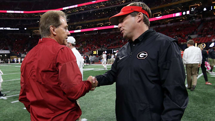 Alabama Crimson Tide head coach Nick Saban shakes hands with Georgia's Kirby Smart as they match up for the second time in the National Championship.