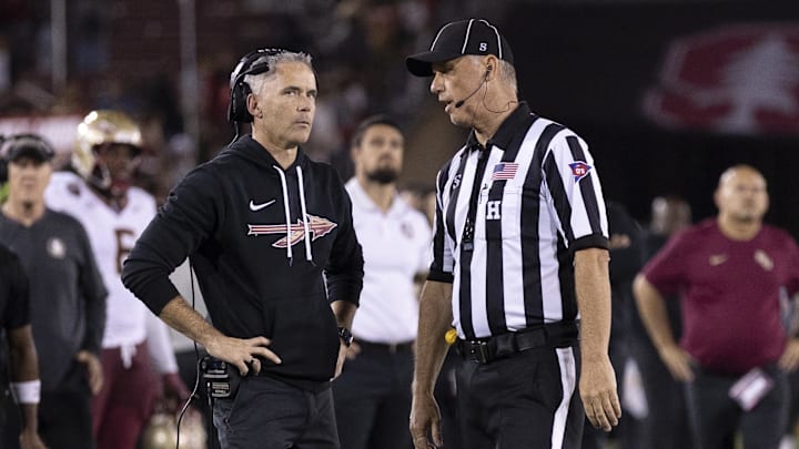 Oct 18, 2025; Stanford, California, USA; Florida State Seminoles head coach Mike Norvell reacts to the conversation with the referee during the fourth quarter against the Stanford Cardinal at Stanford Stadium. Mandatory Credit: Stan Szeto-Imagn Images Oct 18, 2025; Stanford, California, USA; Florida State Seminoles head coach Mike Norvell reacts to the conversation with the referee during the fourth quarter against the Stanford Cardinal at Stanford Stadium. Mandatory Credit: Stan Szeto-Imagn Images