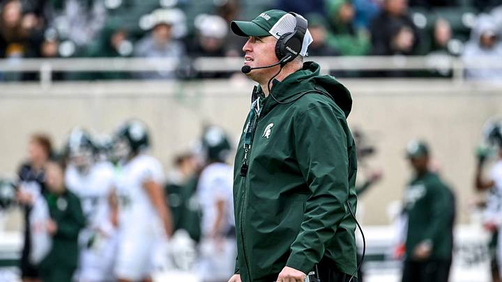 Michigan State's head coach Pat Fitzgerald looks on during the football Spring Showcase on Saturday, April 18, 2026, at Spartan Stadium in East Lansing.