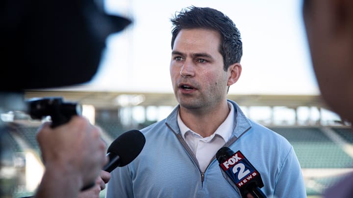 Detroit Tigers president of baseball operations Scott Harris speaks to media members during spring training at Joker Marchant Stadium in Lakeland, Fla. on Wednesday, Feb. 14, 2024.