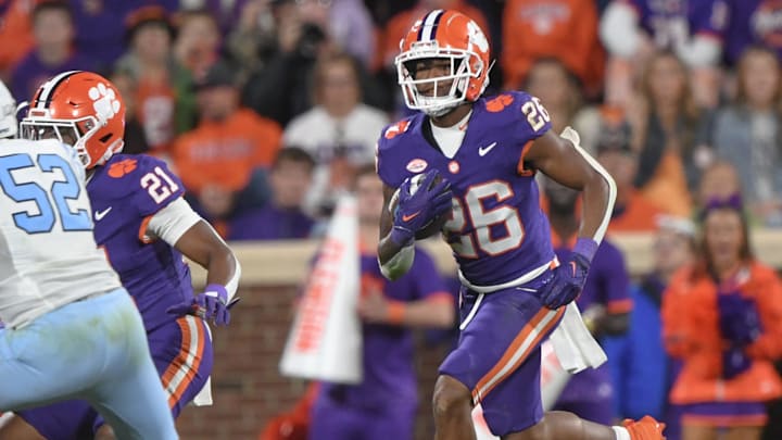 Nov 23, 2024; Clemson, South Carolina, USA; Clemson Tigers running back Jay Haynes (26) returns a kickoff against The Citadel Bulldogs during the third quarter at Memorial Stadium. 