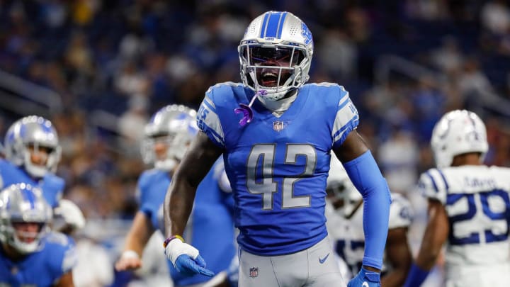 Detroit Lions safety Jalen Elliott (42) reacts to a tackle against the Indianapolis Colts during the second half of a preseason game at Ford Field in Detroit on Friday, Aug. 27, 2021.