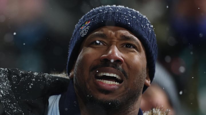 Cleveland Browns player Myles Garrett in attendance in the women's halfpipe final during the Olympic Winter Games