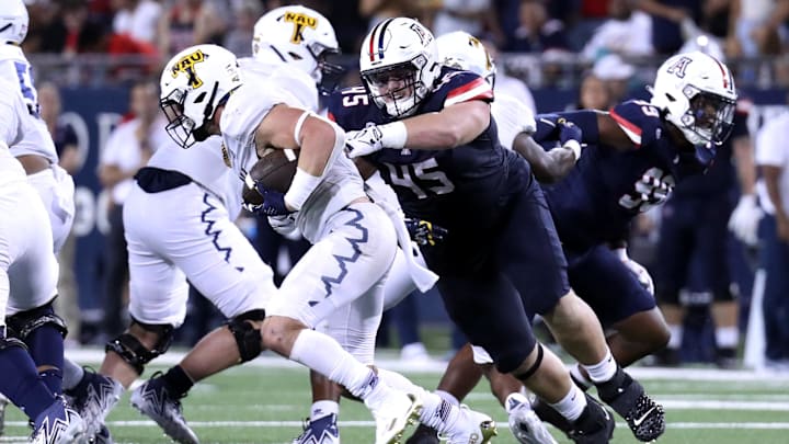 Sep 2, 2023; Tucson, Arizona, USA; Arizona Wildcats defensive lineman Bill Norton (45) tackles