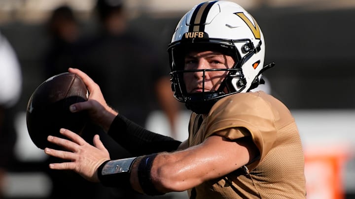 Vanderbilt quarterback Diego Pavia (2) passes during practice at FirstBank Stadium Thursday, Aug. 7, 2025, in Nashville, Tenn.