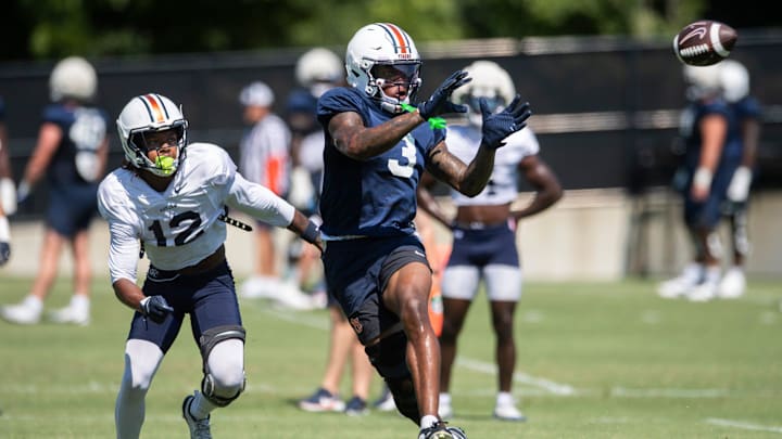 Auburn Tigers wide receiver Perry Thompson (3) catches a pass during practice at Woltosz Football Performance Center in Auburn, Ala. on Tuesday, Aug. 19, 2025.