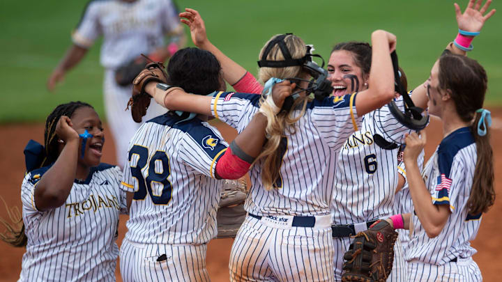 Saint James players celebrate victory during the AHSAA regional softball tournament at Lagoon Park in Montgomery, Ala., on Thursday, May 9, 2024. Saint James defeated Alabama Christian 11-6.