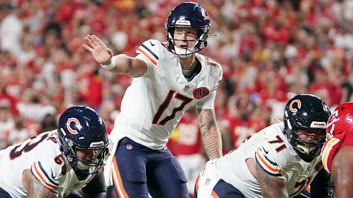 Tyson Bagent gestures at the line of scrimmage against the Kansas City Chiefs during preseason. Tyson Bagent gestures at the line of scrimmage against the Kansas City Chiefs during preseason.