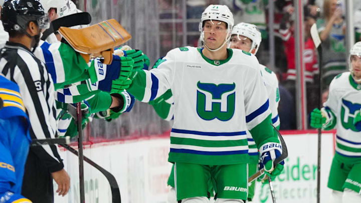 Feb 27, 2025; Raleigh, North Carolina, USA; Carolina Hurricanes left wing Taylor Hall (71) celebrates his goal against the Buffalo Sabres during the second period at Lenovo Center. Mandatory Credit: James Guillory-Imagn Images Feb 27, 2025; Raleigh, North Carolina, USA; Carolina Hurricanes left wing Taylor Hall (71) celebrates his goal against the Buffalo Sabres during the second period at Lenovo Center. Mandatory Credit: James Guillory-Imagn Images