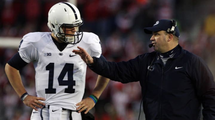 Former Penn State Nittany Lions coach Bill O'Brien talks to quarterback Christian Hackenberg during a 2013 game against the Wisconsin Badgers at Camp Randall Stadium.