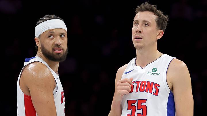 Oct 30, 2026; Brooklyn, New York, USA; Detroit Pistons guard Cade Cunningham (2) and forward Duncan Robinson (55) react during the third quarter against the Brooklyn Nets at Barclays Center. Mandatory Credit: Brad Penner-Imagn Images