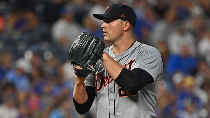 Sep 18, 2024; Kansas City, Missouri, USA; Detroit Tigers starting pitcher Tarik Skubal (29) looks into home plate before throwing a pitch in the third inning against the Kansas City Royals at Kauffman Stadium. Sep 18, 2024; Kansas City, Missouri, USA; Detroit Tigers starting pitcher Tarik Skubal (29) looks into home plate before throwing a pitch in the third inning against the Kansas City Royals at Kauffman Stadium.