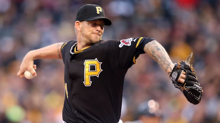 Apr 14, 2015; Pittsburgh, PA, USA; Pittsburgh Pirates starting pitcher A.J. Burnett (34) pitches against the Detroit Tigers during the third inning at PNC Park. Mandatory Credit: Charles LeClaire-Imagn Images