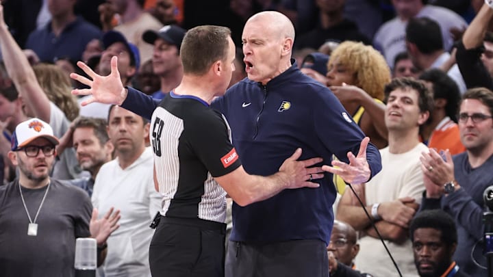 May 8, 2024; New York, New York, USA; Indiana Pacers head coach Rick Carlisle argues with an May 8, 2024; New York, New York, USA; Indiana Pacers head coach Rick Carlisle argues with an