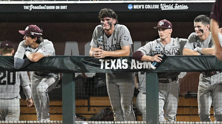 Jun 24, 2024; Omaha, NE, USA;  Texas A&M Aggies right fielder Jace Laviolette (17) looks over the field after the loss against the Tennessee Volunteers at Charles Schwab Field Omaha. Mandatory Credit: Steven Branscombe-Imagn Images