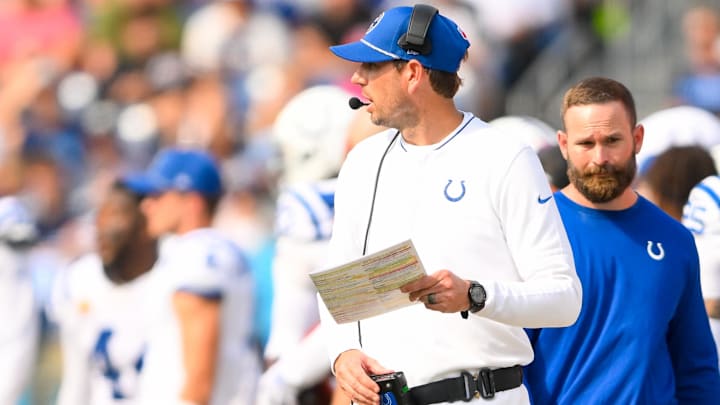 Oct 13, 2024; Nashville, Tennessee, USA;  Indianapolis Colts head coach Shane Steichen paces the sidelines against the Tennessee Titans during the second half during the second half at Nissan Stadium. Mandatory Credit: Steve Roberts-Imagn Images