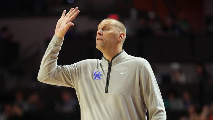 Kentucky head coach Mark Pope reacts during the first half of a NCAA mens basketball game at Steven C. O'Connell Center Exactek arena in Gainesville, FL on Saturday, February 14, 2026. [Alan Youngblood/Gainesville Sun]