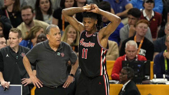 Apr 5, 2025; San Antonio, TX, USA; Houston Cougars head coach Kelvin Sampson talks with forward Joseph Tugler (11).