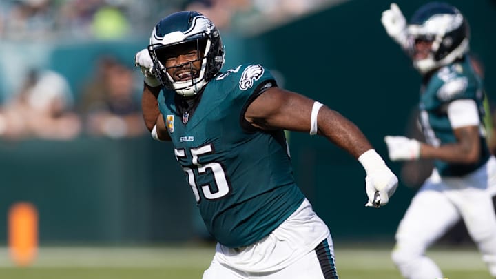 Oct 13, 2024; Philadelphia, Pennsylvania, USA; Philadelphia Eagles defensive end Brandon Graham (55) reacts after a Cleveland Browns blocked field attempt during the third quarter at Lincoln Financial Field. Mandatory Credit: Bill Streicher-Imagn Images
