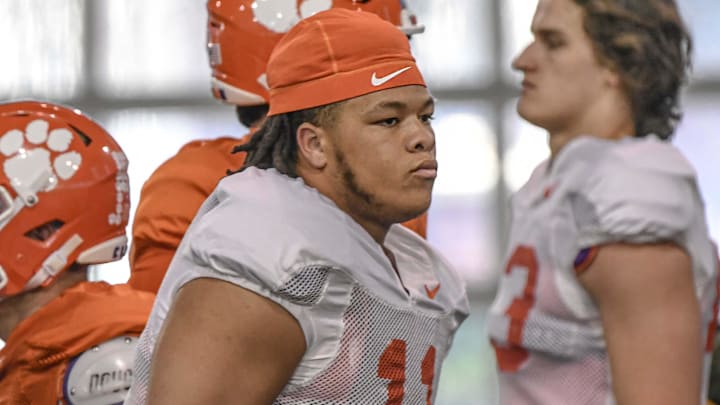 Clemson defensive lineman Peter Woods (11) and defensive end Will Heldt (13) during the football practice at the Allen N. Reeves Football Complex at Clemson University in Clemson, S.C. Monday, March 3, 2025.