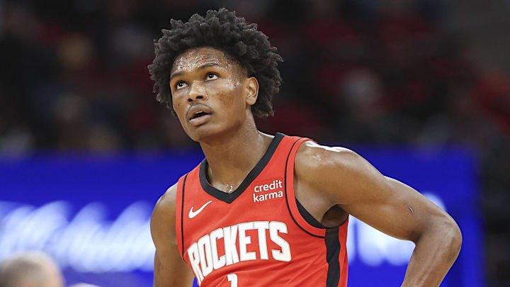Nov 1, 2023; Houston, Texas, USA; Houston Rockets forward Amen Thompson (1) looks up during the game against the Charlotte Hornets at Toyota Center. Mandatory Credit: Troy Taormina-Imagn Images