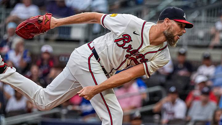 Aug 27, 2026; Cumberland, Georgia, USA; Atlanta Braves pitcher Chris Sale (51) pitches against the Los Angeles Dodgers during the first inning at Truist Park. Mandatory Credit: Dale Zanine-Imagn Images