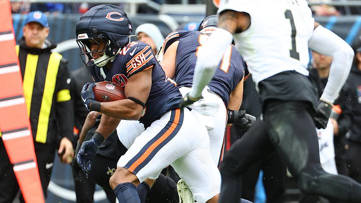 Oct 19, 2025; Chicago, Illinois, USA; Chicago Bears running back Roschon Johnson (23) rushes the ball against the New Orleans Saints during the second quarter at Soldier Field. Mandatory Credit: Mike Dinovo-Imagn Images Oct 19, 2025; Chicago, Illinois, USA; Chicago Bears running back Roschon Johnson (23) rushes the ball against the New Orleans Saints during the second quarter at Soldier Field. Mandatory Credit: Mike Dinovo-Imagn Images