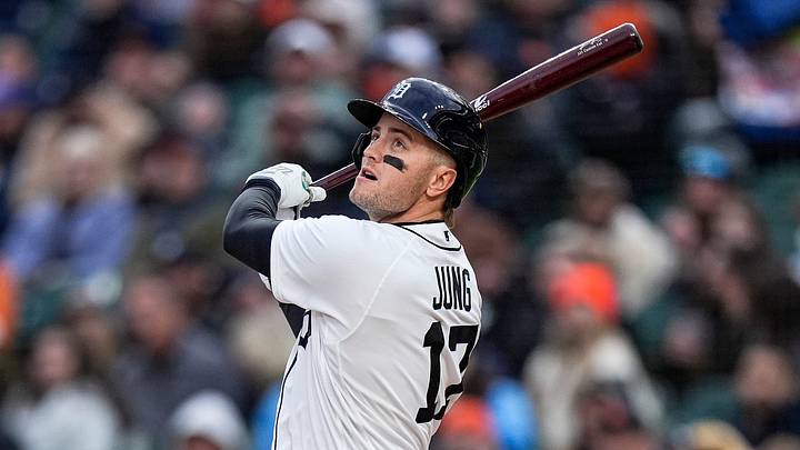 Detroit Tigers designated hitter Jace Jung (17) bats against Texas Rangers during the second inning at Comerica Park in Detroit on Saturday, May 2, 2026. Detroit Tigers designated hitter Jace Jung (17) bats against Texas Rangers during the second inning at Comerica Park in Detroit on Saturday, May 2, 2026.