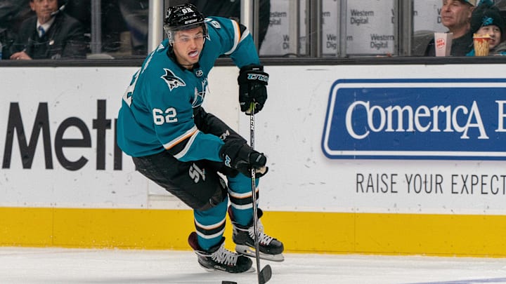 tOct 20, 2018; San Jose, CA, USA; San Jose Sharks right wing Kevin Labanc (62) controls the puck during the second period against the New York Islanders at SAP Center at San Jose. Mandatory Credit: Neville E. Guard-Imagn Images