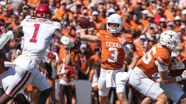 Texas Longhorns quarterback Quinn Ewers throws a pass during the game against Oklahoma at the Cotton Bowl on Saturday, Oct. 7, 2023 in Dallas, Texas.
