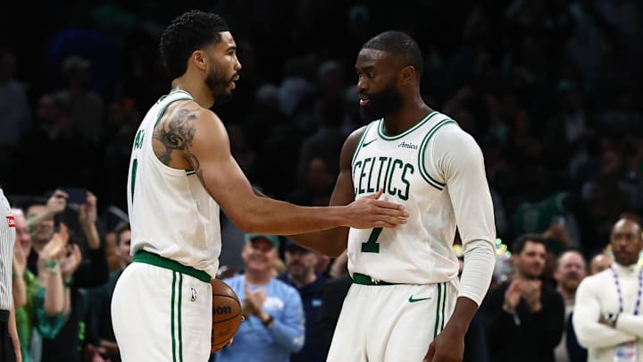Mar 25, 2026; Boston, Massachusetts, USA; Boston Celtics guard Jaylen Brown (7) and forward Jayson Tatum (0) congratulate each other in the final seconds of the fourth quarter of their win over the Oklahoma City Thunder at TD Garden. Mandatory Credit: Winslow Townson-Imagn Images Mar 25, 2026; Boston, Massachusetts, USA; Boston Celtics guard Jaylen Brown (7) and forward Jayson Tatum (0) congratulate each other in the final seconds of the fourth quarter of their win over the Oklahoma City Thunder at TD Garden. Mandatory Credit: Winslow Townson-Imagn Images